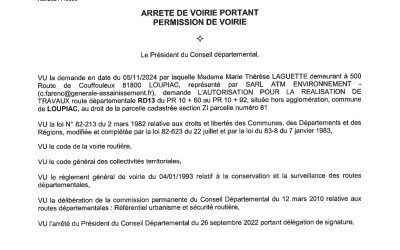 Département du Tarn Arrêté de voirie no 2024149003 pour information